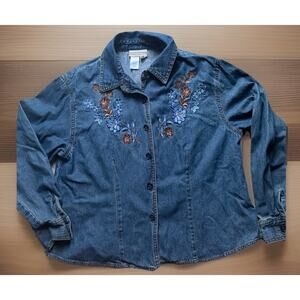Coldwater Creek Floral Embroidered Denim Button Up Shirt Women’s 12 P